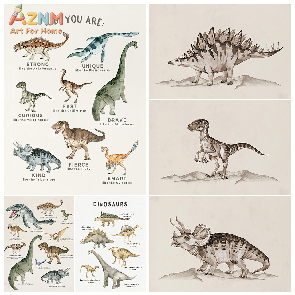 Kids Education Quotes - AZNM Watercolor Dinosaur Canvas Wall Art,
